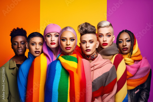Closeup of gay, lesbian, genderless diverse people representing the diversity of the lgbtq community. Generative AI