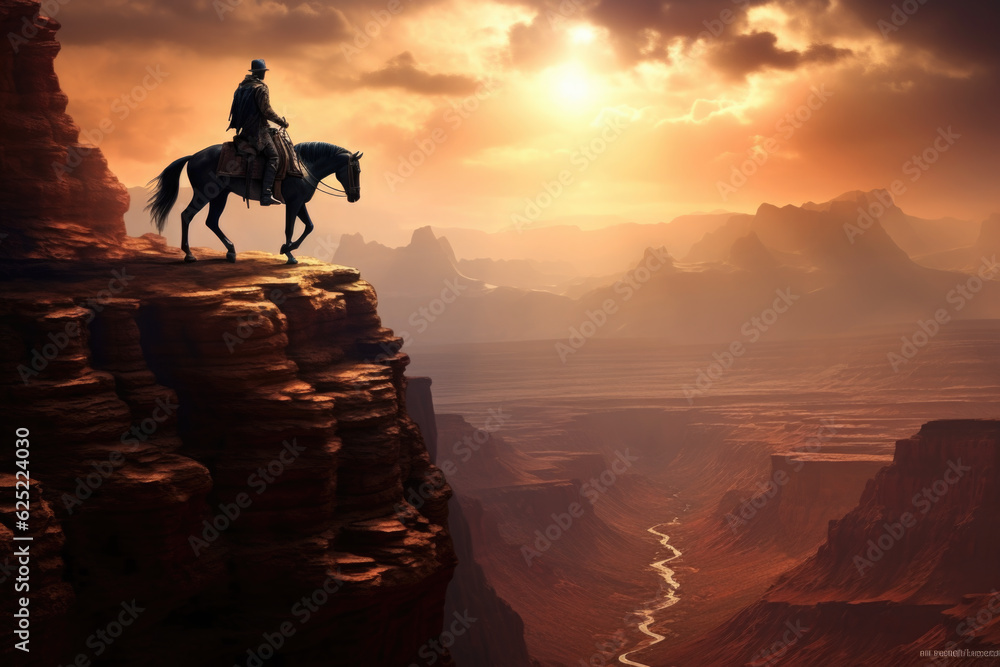 A man riding a horse across a canyon. Generative AI.