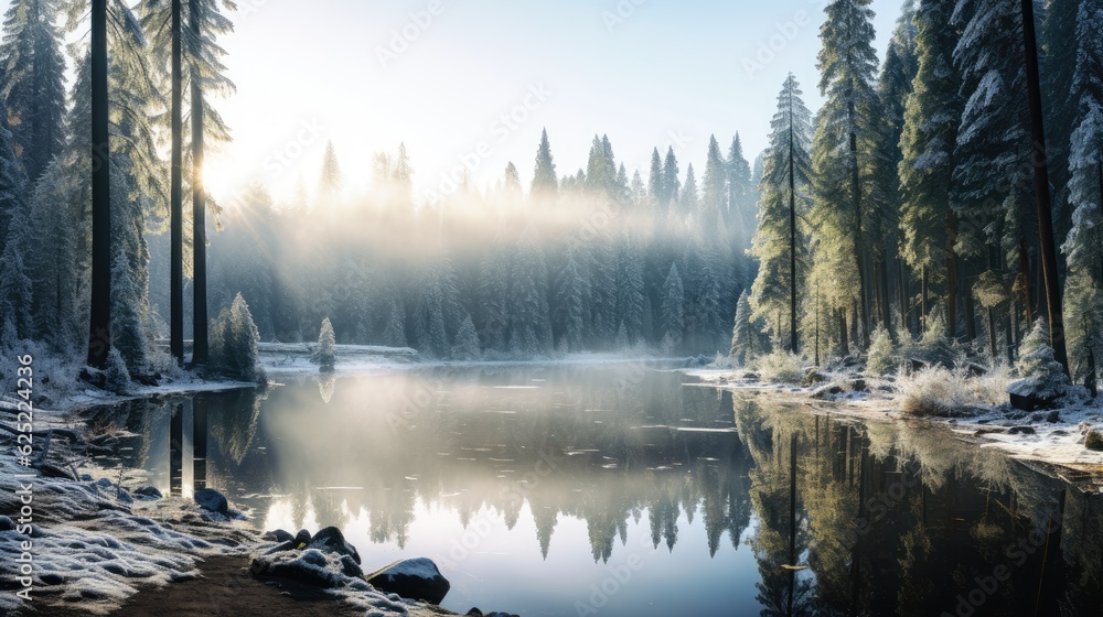 Lakes with stunning reflections of winter scenery, enhancing the sense of tranquility and stillness. Generative AI