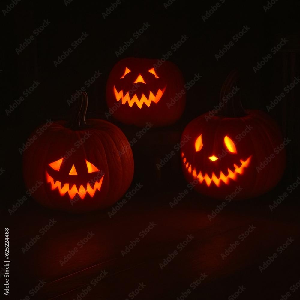 Glowing eyes of Jack O' Lanterns on the left on a porch on Halloween night created with generative AI Glowing eyes of Jack O' Lanterns on the left on a porch on Halloween night created with generative AI