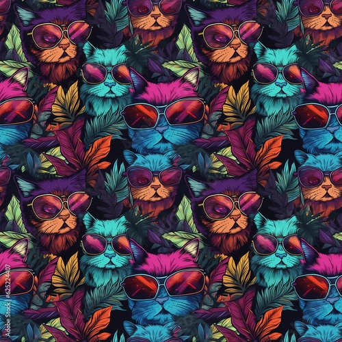 bright multicolored seamless pattern with cartoon cats in sunglasses neon colors in retro style. generated ai