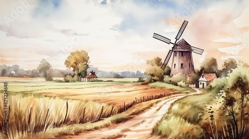 watercolor idyllic landscape countryside, field and windmill. generated ai