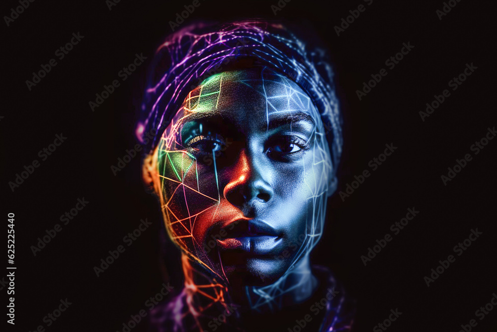 Generative AI illustration portrait of African American woman in hat with neon lights on face on black background Generative AI illustration portrait of African American woman in hat with neon lights on face on black background