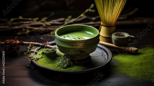 Matcha tea with kettle and whisk on dark surface