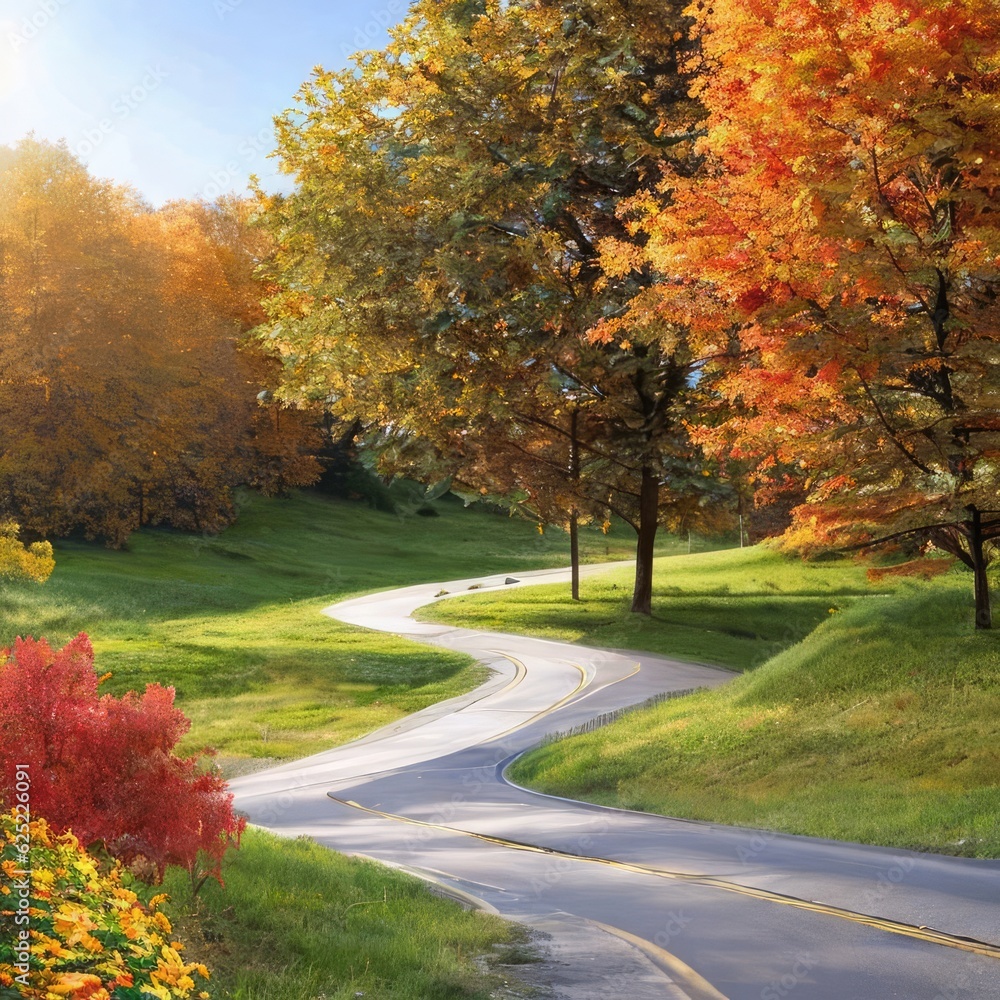 autumn landscape to the park with trees with yellow foliage and an empty road autumn landscape to the park with trees with yellow foliage and an empty road