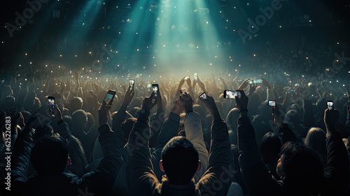 A crowd of people at a live event, concert or party holding hands and smartphones up . Large audience, crowd, or participants of a live event venue with bright lights above. Generative AI.
