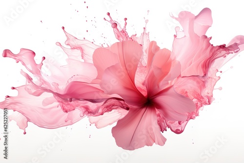Fototapete Close up view of pink flower and paint splash isolated on white