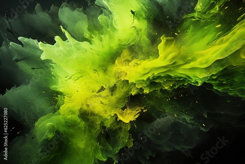 Close - up view of green abstract ink explosion on black background