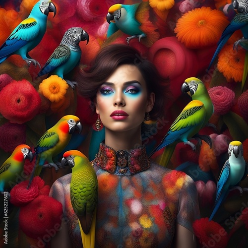 mujer colorida rodeada de pájaros 