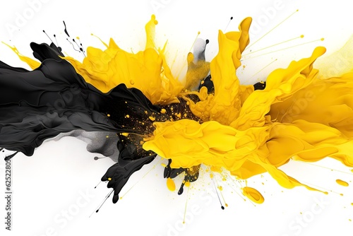 Mixing of black and yellow paint splashes, isolated on white