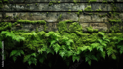 old house walls overgrown with moss and ferns. dirty walls, weathering on the walls of the house.