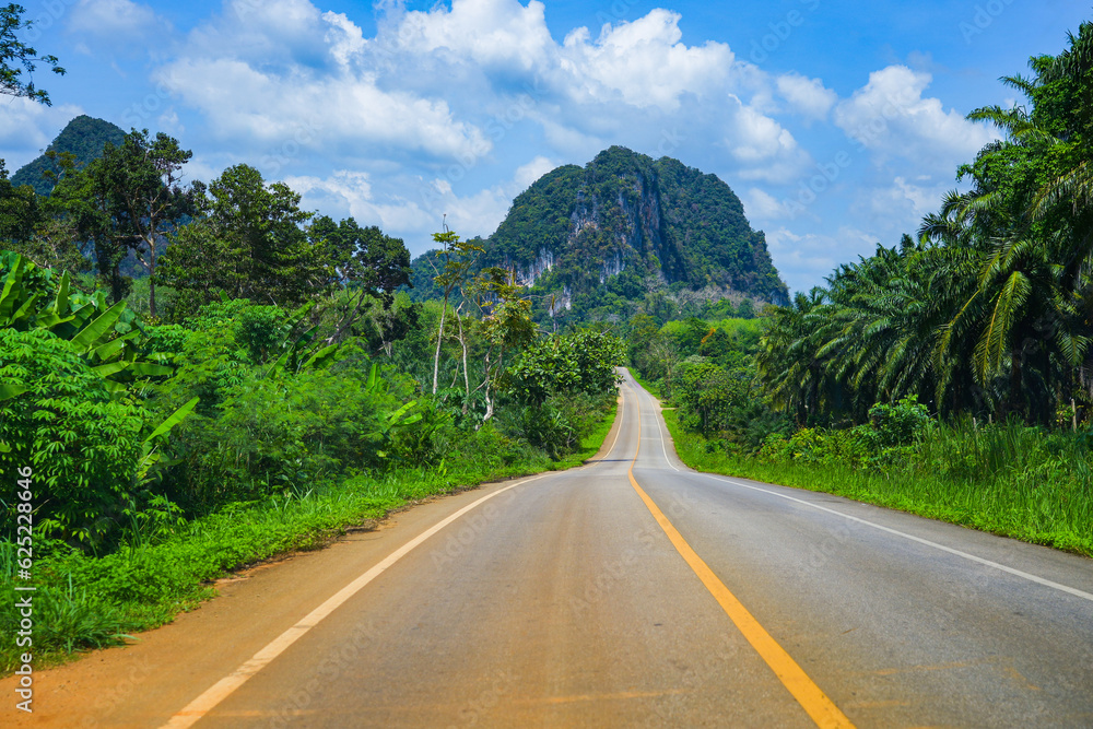 Winding road passing through a lush jungle surrounded by limestone karst cliffs in southeast Asia (Thailand, between Krabi, Phang Nga and Phuket) Winding road passing through a lush jungle surrounded by limestone karst cliffs in southeast Asia (Thailand, between Krabi, Phang Nga and Phuket)