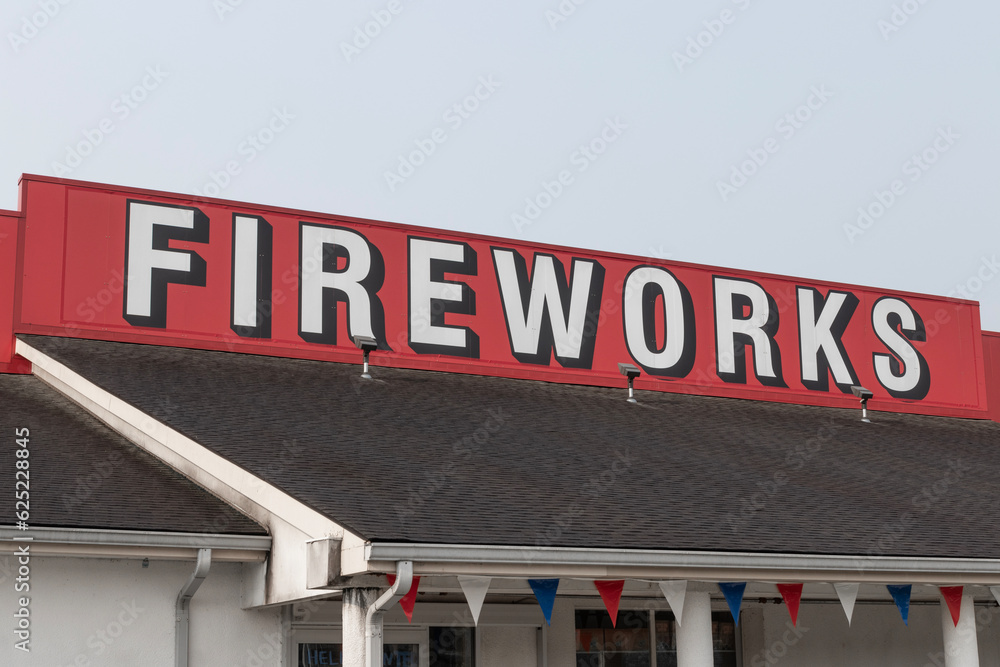 Fireworks sign on a seasonal rural store. Fireworks stores are popular around Independence Day and July Fourth in the US.