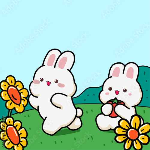 Cute sleeping bunny with colorful Easter eggs in spring meadow with flowers and butterflies. Cartoon spring scene for traditional greeting cards. Flat design illustration in bright colors
