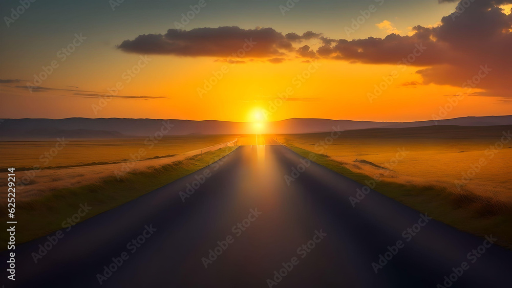 sunset on the road over blurred sunset sky. AI Generated.