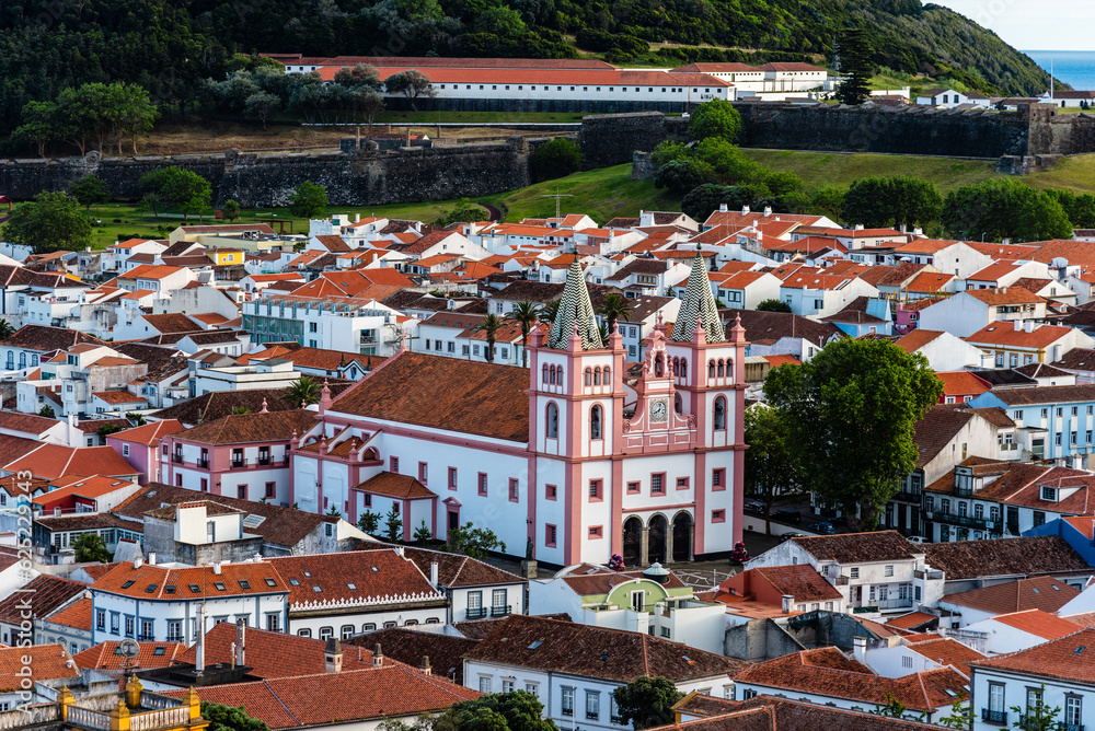 Panoramic Aerial View of the old Town of Angra do Heroismo with the cathedral, Terceira Island, Portugal