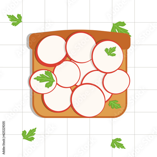 A simply drawn sandwich made from toast bread, curd cheese, radish slices and fragrant parsley leaves