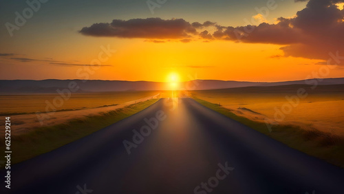 sunset on the road over blurred sunset sky. AI Generated.