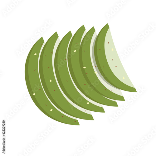 Vector illustration Many slices of ripe avocado sprinkled with a fragrant mixture of peppers on a white background isolate