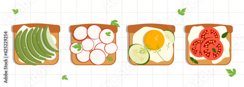 Four painted sandwiches with fried egg, curd cheese, tomatoes, radish and avocado