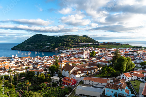 Panoramic Aerial View of the old Town, the port and the Fortress of Angra do Heroismo, Terceira Island, Portugal