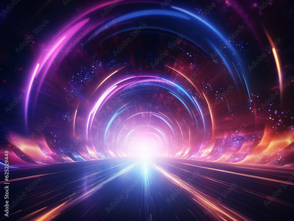 An Abstract Portal Tunnel Featuring Glowing Pink and Blue Neon Waves, High-Speed Moving Lines, and Dazzling Bokeh Lights Generative ai