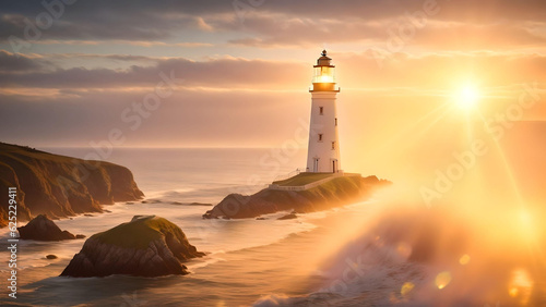landscape of lighthouse on the summer sand beach over sunset sky warm light background. AI Generated