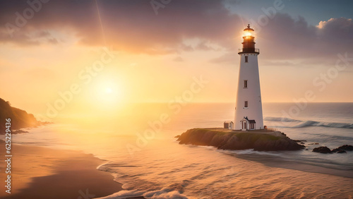 landscape of lighthouse on the  summer sand beach over sunset sky warm light background. AI Generated photo