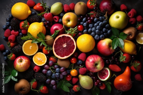 Organic fresh berries and fruits  top view. Vitamin set.