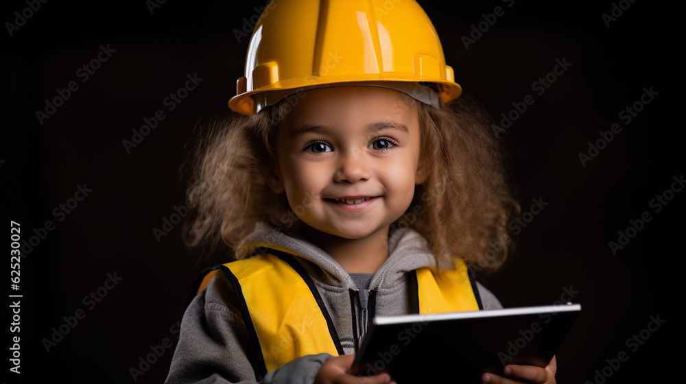 cute girl wearing hard hat and safety vest and holding tablet, generative ai cute girl wearing hard hat and safety vest and holding tablet, generative ai