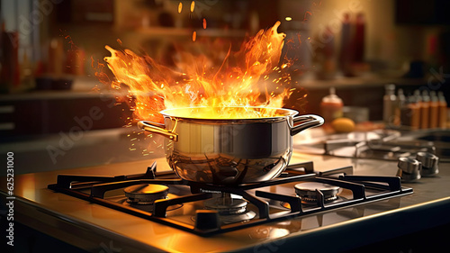 the fire is burning, Beauty, kitchen, modern smoke machine, modern gas stove, modern kitchen, advanced equipment, cooking details, cuisine, stir-frying, cooking, worktop, modern pots and pans