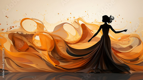 Abstract graphic of a woman silhouette in a dress with long frills, generative ai.