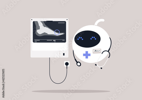 Artificial intelligence, a checkup appointment with a robot doctor, an x-ray light box on the wall