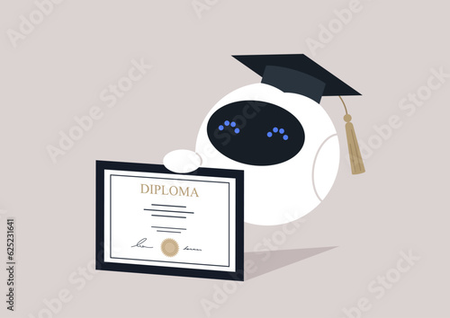 Machine learning, graduating robot wearing a ceremony cap with a golden tassel, a diploma certificate in his hand