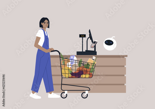 Supermarket cash register, a young character with a trolley cart at the register operated by a robot