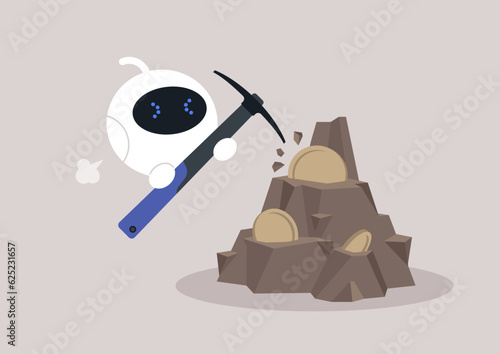 Bitcoin mining, a cute white robot hitting a rock with a pickaxe