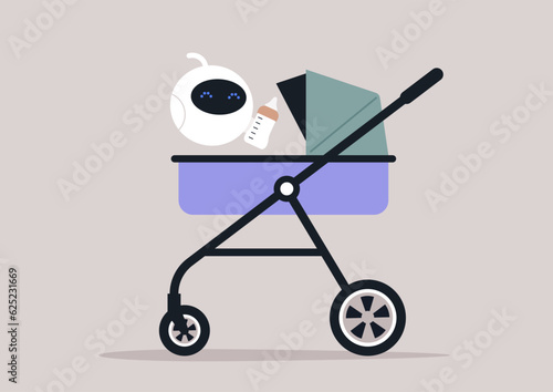 A cute white robot babysitting a newborn child in a stroller, childhood equipment, outdoor activities