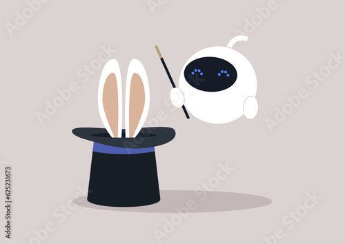 Cute white robot doing a trick with a hat and a pair of rabbit ears inside, a magic wand in his hand