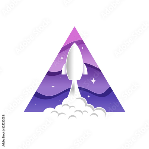 Space rocket launch and flies. Rocketship retro vintage vector illustration.