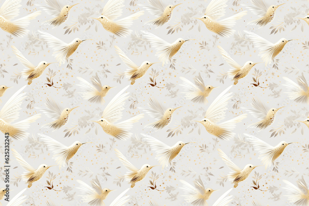Natural seamless pattern with hummingbirds. Light golden background with organic shapes. Abstract minimalist design. Natural seamless pattern with hummingbirds. Light golden background with organic shapes. Abstract minimalist design.