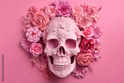 pink skull on pink background decorated with flower, generative ai