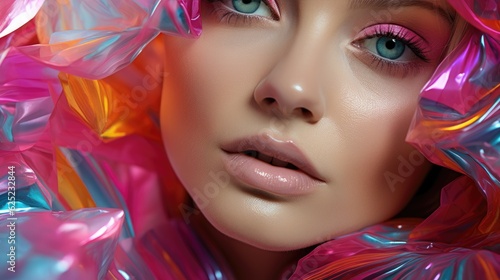 Fashion portrait of neon makeup. Generative AI