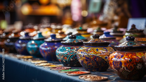 Exotic colorful spices and herbs at the market. Ceramic pots of Turkish tea. Traditional antique stall