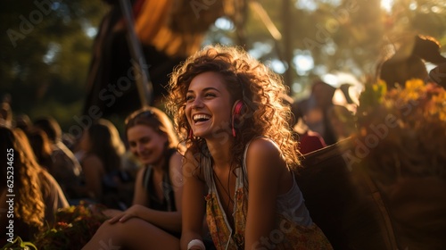 Young Women with friends Having a Very Good Time at Outdoor Concert, Bathed in Afternoon Light, Ai generative 