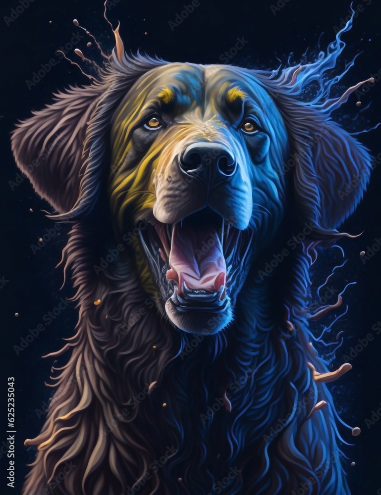 Curly Coated Retriever Dog blue background Splash Art 1
