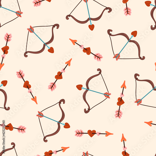 Cupid love bow and arrow pierces Couple of hearts vector seamless pattern. Love, Valentines day, Romantic texture background