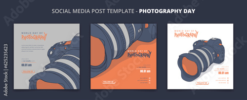 Set of social media post template for world photography day with camera vector illustration design