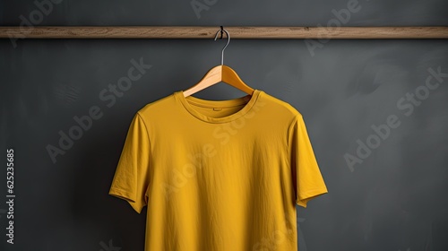 Yellow t-shirt on a hanger photo realistic illustration - Generative AI.