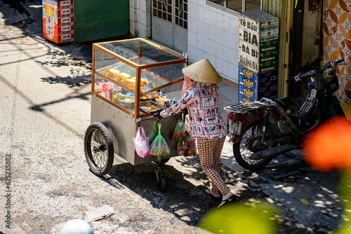 Woman pushing cart selling bread on the street in Vietnam, street food vendor making Vietnamese bread