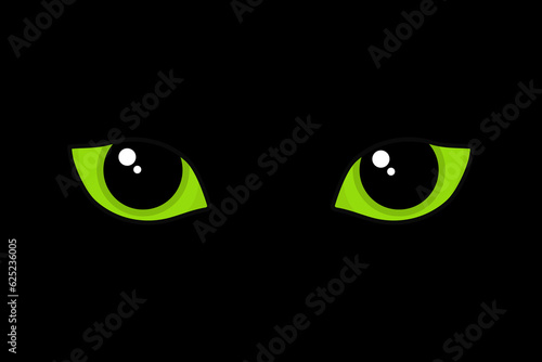 Green cat eyes in the dark. Dilated cat pupils. Cartoon vector illustration.